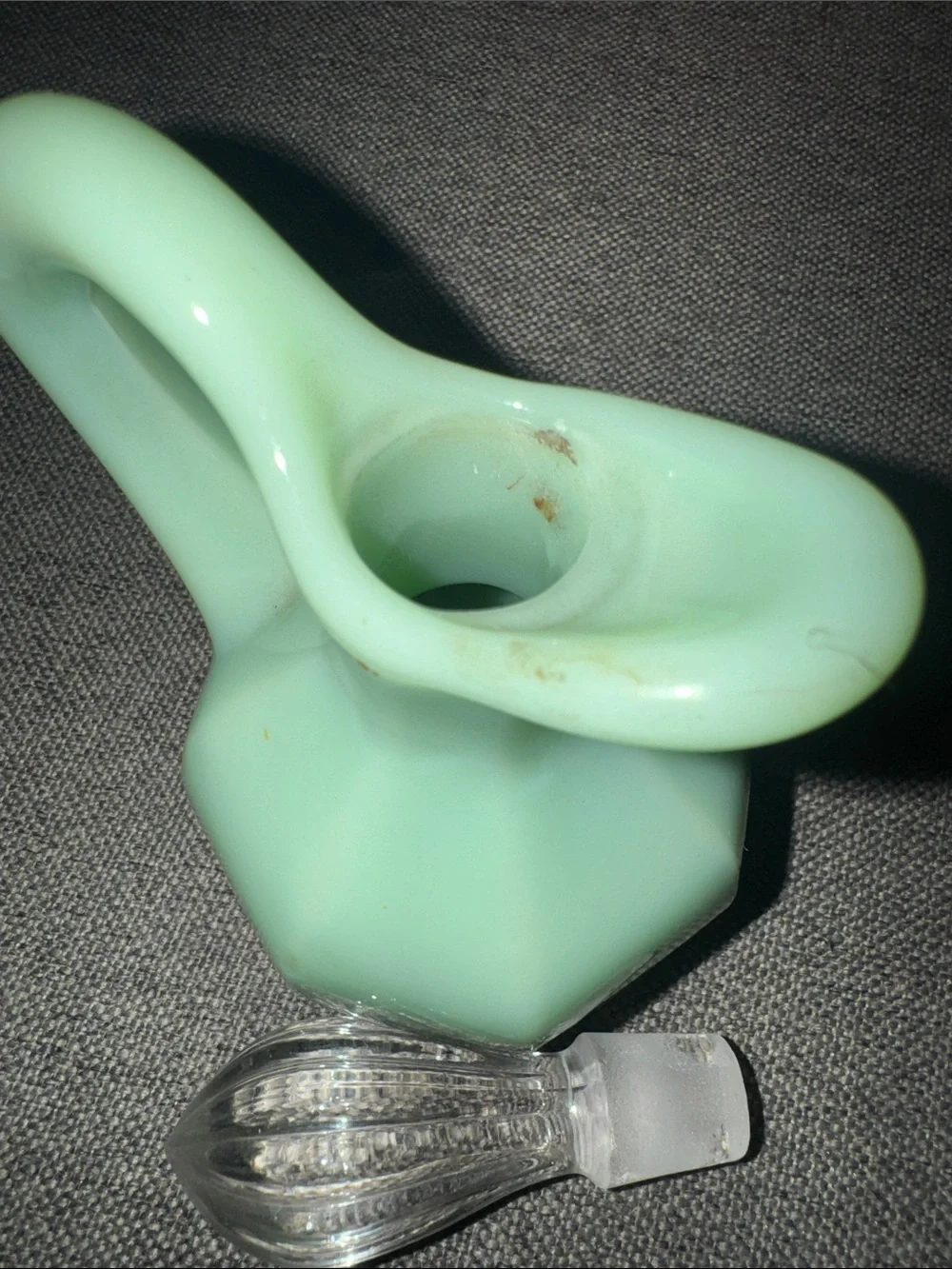 VINTAGE Jadeite Green Glass Octagonal Cruet/ Oil Bottle w/Original Clear stopper